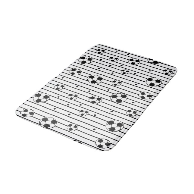 Black White Soccer Football Striped Sporty Boys Bath Mat (Angled)