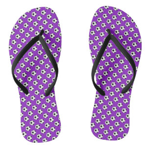 Black White Soccer Futbol Balls on Purple Jandals