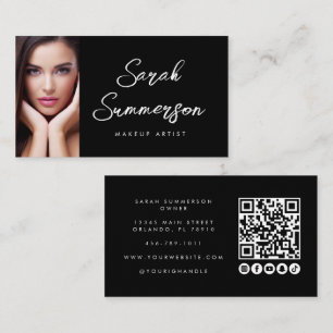 Black White Social Media QR Photo Makeup Business Card