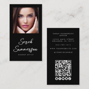 Black White Social Media QR Photo Makeup Business Card