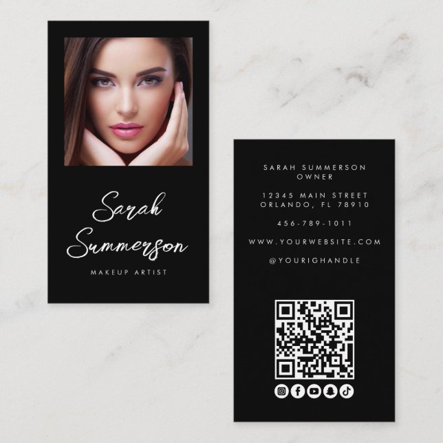 Black White Social Media QR Photo Makeup Business Card (Front/Back)