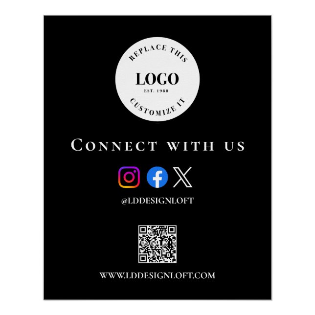 Black White Social QR code website Custom logo Poster (Front)