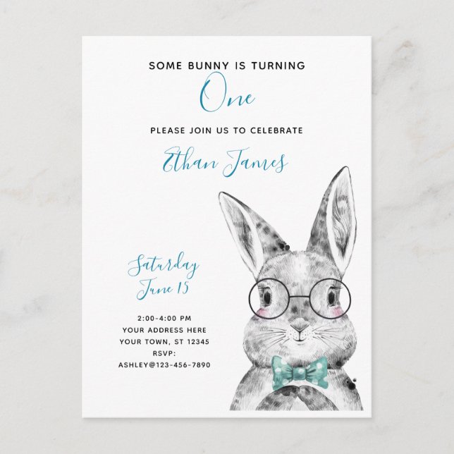 Black & White Some Bunny is Turning One Birthday Invitation Postcard (Front)