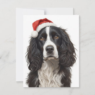 Black & White Spaniel Santa Hat Xmas Art Holiday Card