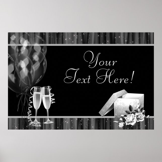 Black White Sparkles Champagne Party Banner Poster (Front)