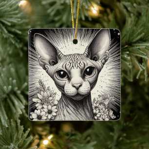 Black & White Sphinx with Floral Elegance Ceramic Ornament