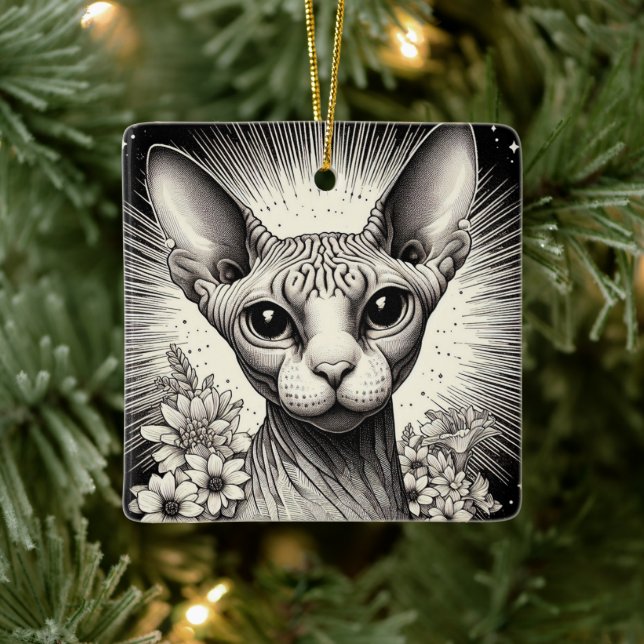 Black & White Sphinx with Floral Elegance Ceramic Ornament (Tree)
