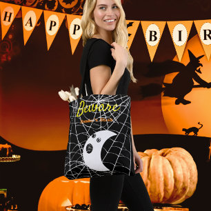 Black White Spider Webs and cute Modern Ghost Tote Bag