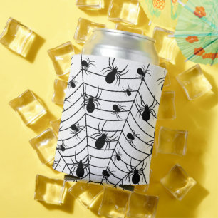 Black White spiders spiderweb Halloween pattern Can Cooler