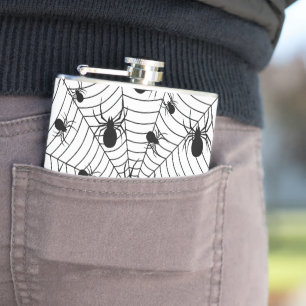 Black White spiders spiderweb Halloween pattern Hip Flask