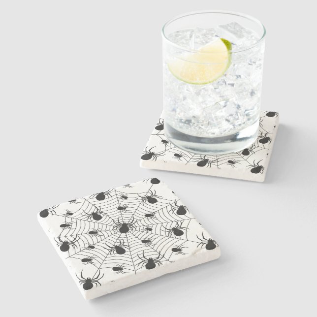 Black White spiders spiderweb Halloween pattern Stone Coaster (Side)