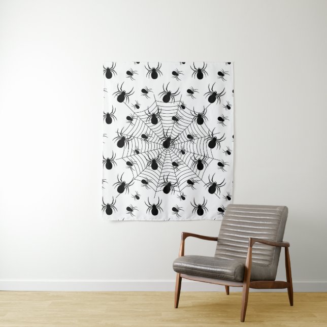 Black White spiders spiderweb Halloween pattern Tapestry (In Situ)
