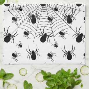Black White spiders spiderweb Halloween pattern Tea Towel
