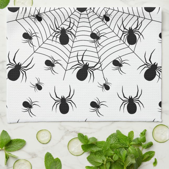 Black White spiders spiderweb Halloween pattern Tea Towel (Folded)
