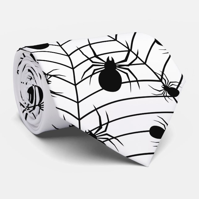 Black White spiders spiderweb Halloween pattern Tie (Rolled)