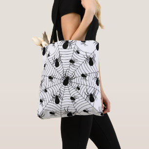 Black White spiders spiderweb Halloween pattern Tote Bag