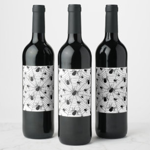 Black White spiders spiderweb Halloween pattern Wine Label