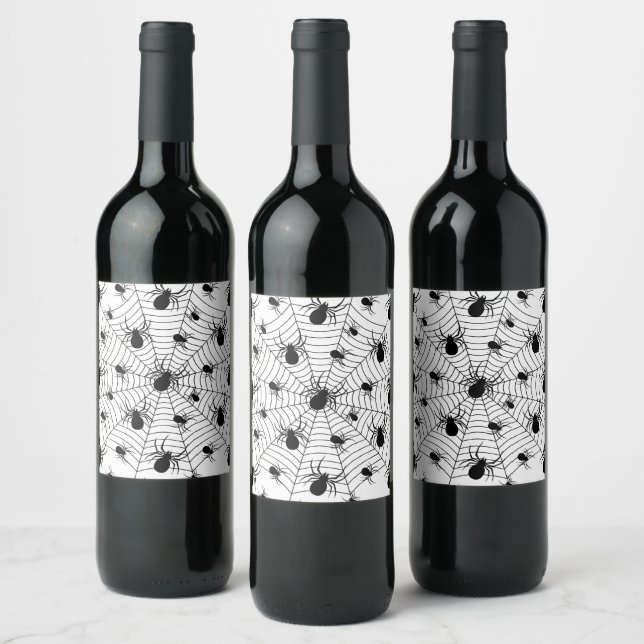 Black White spiders spiderweb Halloween pattern Wine Label (Bottles)