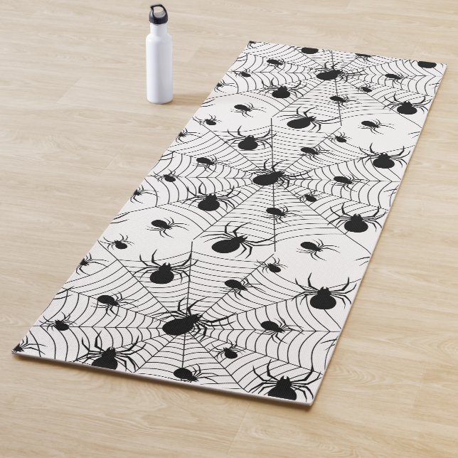 Black White spiders spiderweb Halloween pattern Yoga Mat (In Situ)