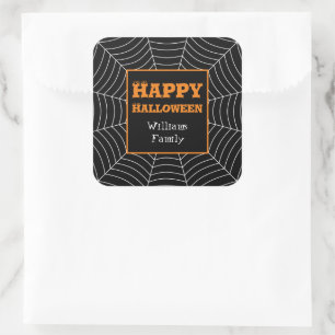 Black White spiderweb Halloween pattern Your name Square Sticker