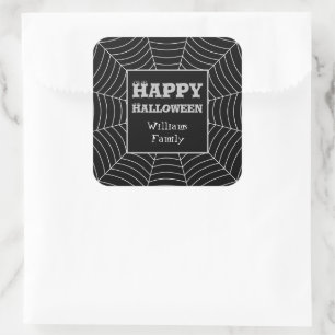 Black White spiderweb Halloween pattern Your name Square Sticker