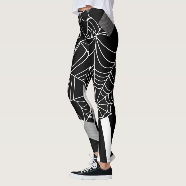 Black & White Spiderweb Patchwork Halloween  Leggings (Left)