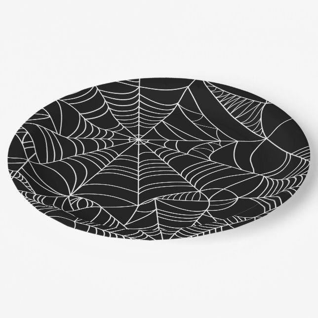 Black & White Spiderwebs Halloween Party Paper Plate (Angled)