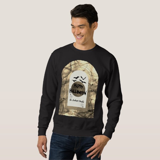 Black & White Spooky Bats Matching Happy Halloween Sweatshirt (Front Full)