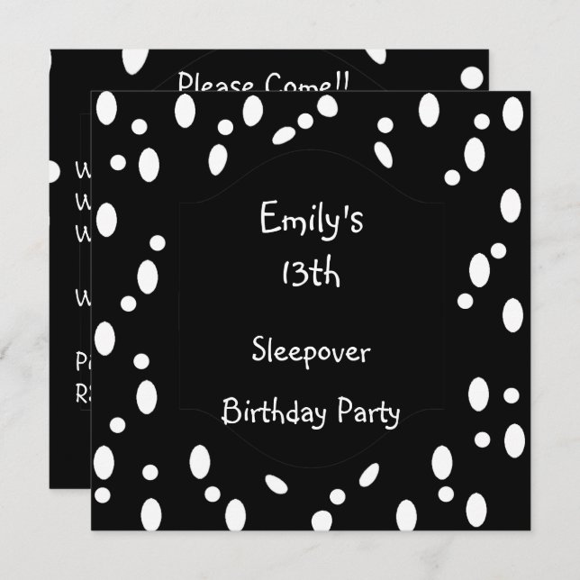 Black White Spots 13th Birthday Sleepover Invitation (Front/Back)