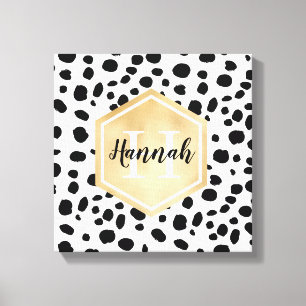 Black White Spots Pattern Gold Monogram Canvas Print