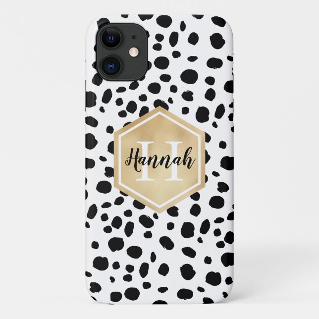 Black White Spots Pattern Gold Monogram Case-Mate iPhone Case (Back)