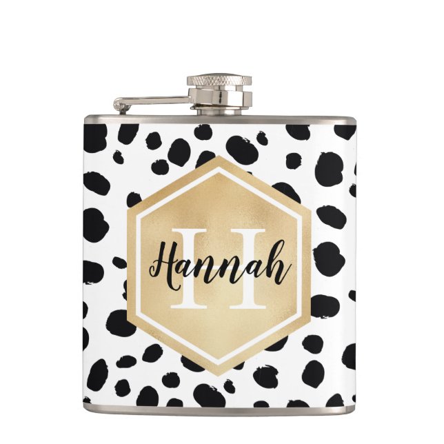 Black White Spots Pattern Gold Monogram Hip Flask (Front)