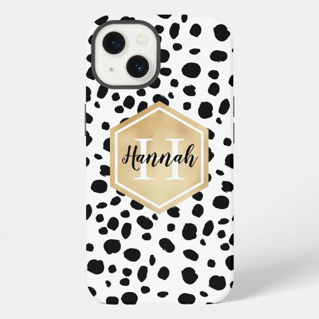 Black White Spots Pattern Gold Monogram iPhone Case (Back)