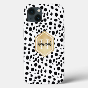 Black White Spots Pattern Gold Monogram iPhone 13 Case