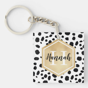 Black White Spots Pattern Gold Monogram Key Ring