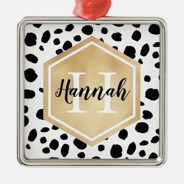 Black White Spots Pattern Gold Monogram Metal Tree Decoration (Front)