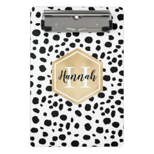Black White Spots Pattern Gold Monogram Mini Clipboard
