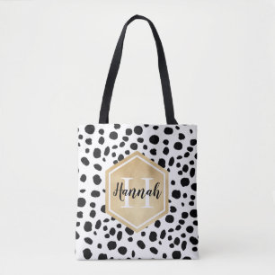 Black White Spots Pattern Gold Monogram Tote Bag