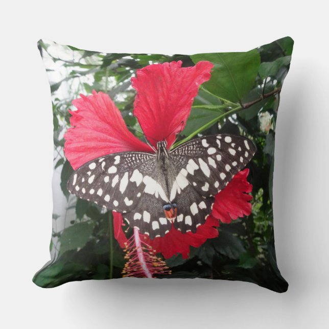 Black White Spotted Butterfly on Hibiscus Pillow (Front)