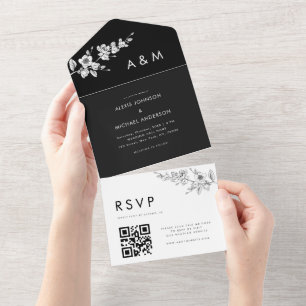 Black & White Spring Floral Minimalist QR Code All In One Invitation