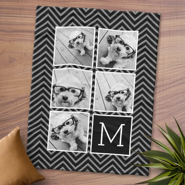 Black White Square 5 Photo Collage Monogram Fleece Blanket (Personalized Fleece Blanket - Add Photos and Text or Customize completely in advanced design area)