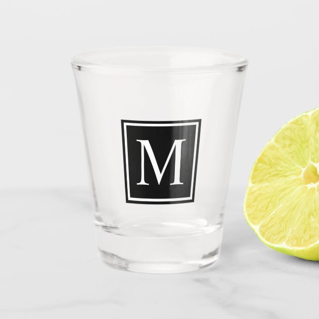 Black & White Square Personalised Initial Monogram Shot Glass (Front)