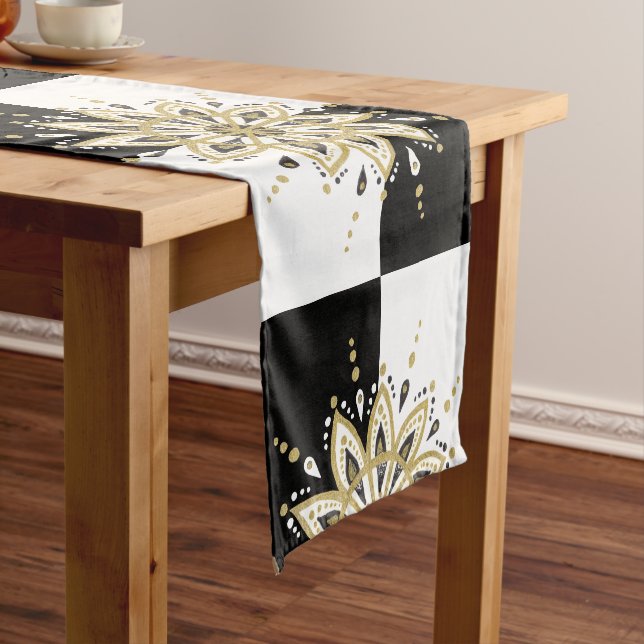 Black & white squares gold & black mandala 2a short table runner (In Situ)