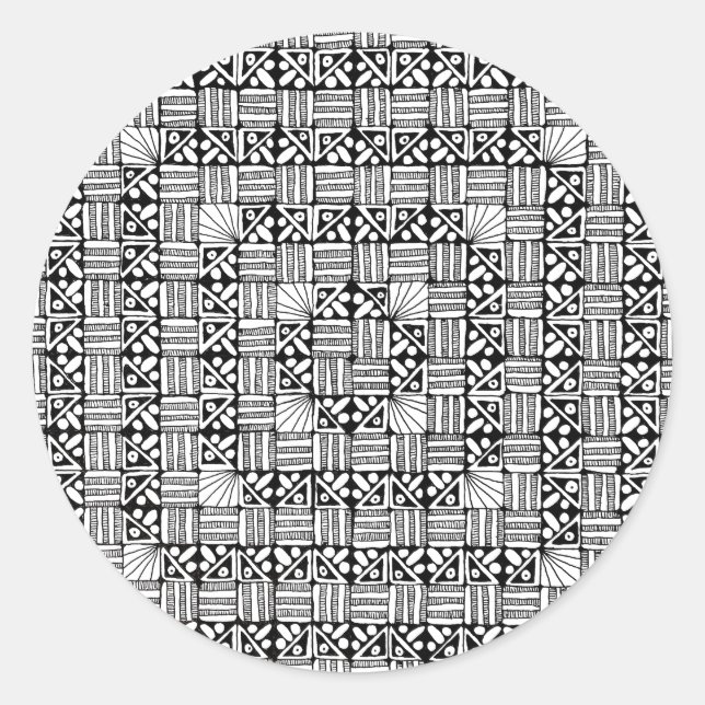 Black White Squares Stripes Pattern Design  Classic Round Sticker (Front)