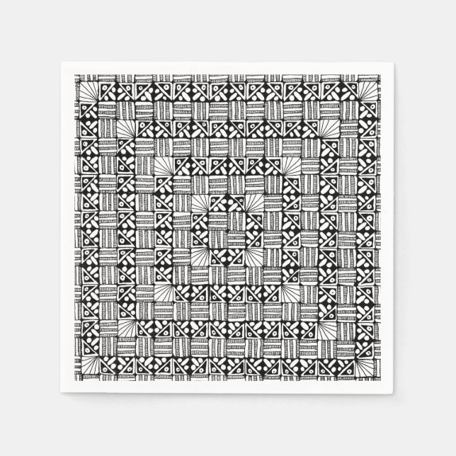 Black White Squares Stripes Pattern Design  Napkin (Front)