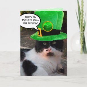 BLACK WHITE ST. PATRICK'S DAY CAT LEPRECHAUN HAT CARD