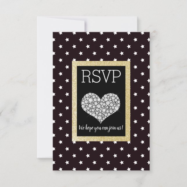 Black White Star Gold Heart RSVP Card (Front)