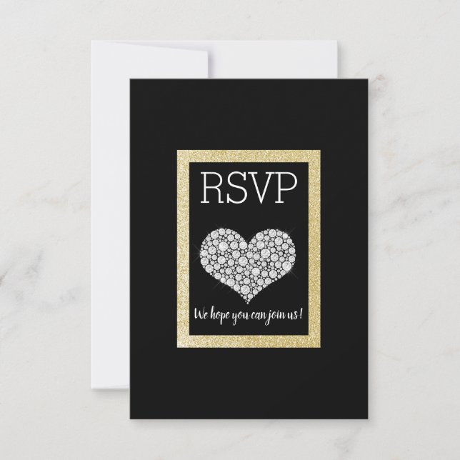 Black White Star Gold Heart RSVP simple elegant Card (Front)