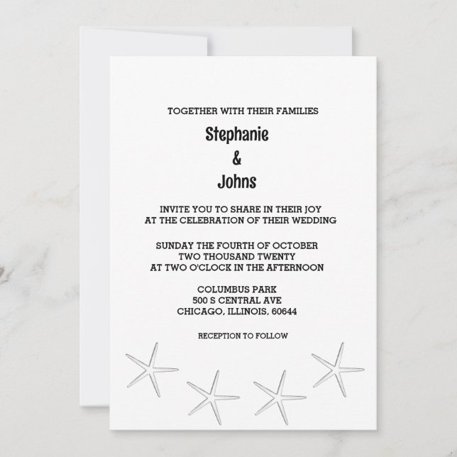 Black White Starfish Beach Destination Wedding Invitation (Front)