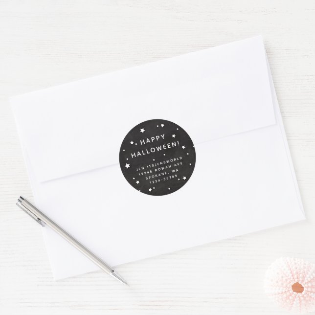 Black + White Stars Custom Text/Address Classic Round Sticker (Envelope)